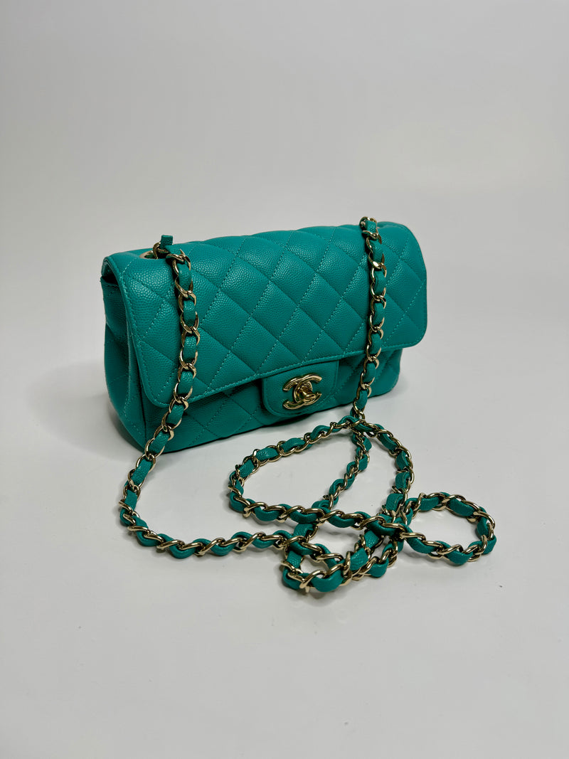 Chanel Mini Rectangle Flap Bag In Turquoise Caviar