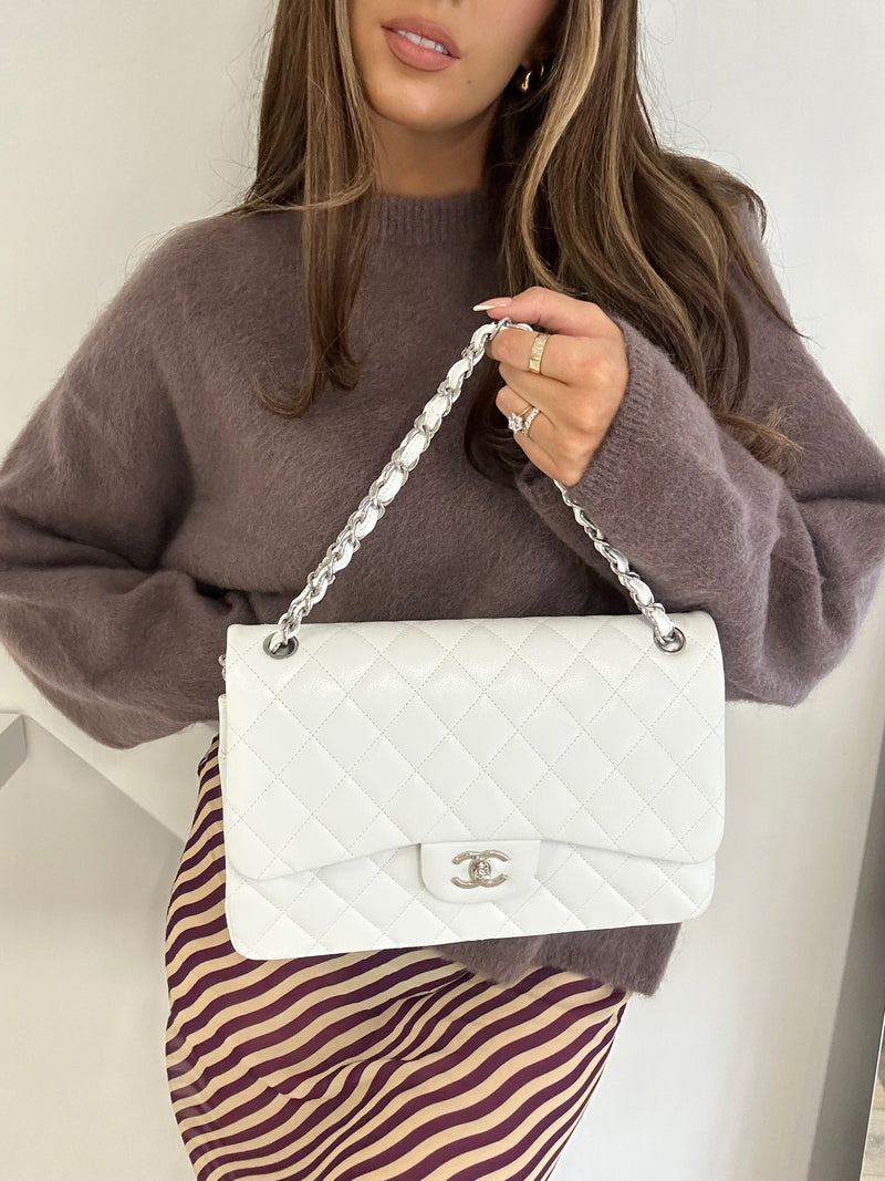 Chanel White Caviar Leather Jumbo Classic Double Flap