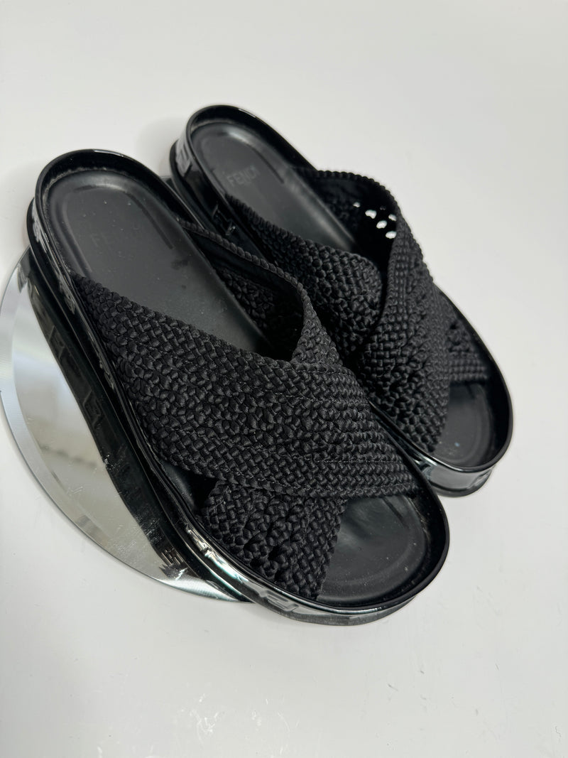 Fendi Reflections Ff-Logo Faux-Raffia Slides (Size 37.5/UK 4.5)