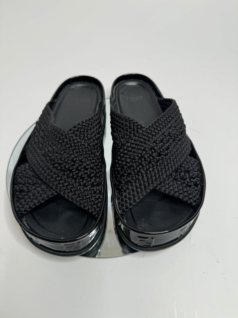 Fendi Reflections Ff-Logo Faux-Raffia Slides (Size 37.5/UK 4.5)