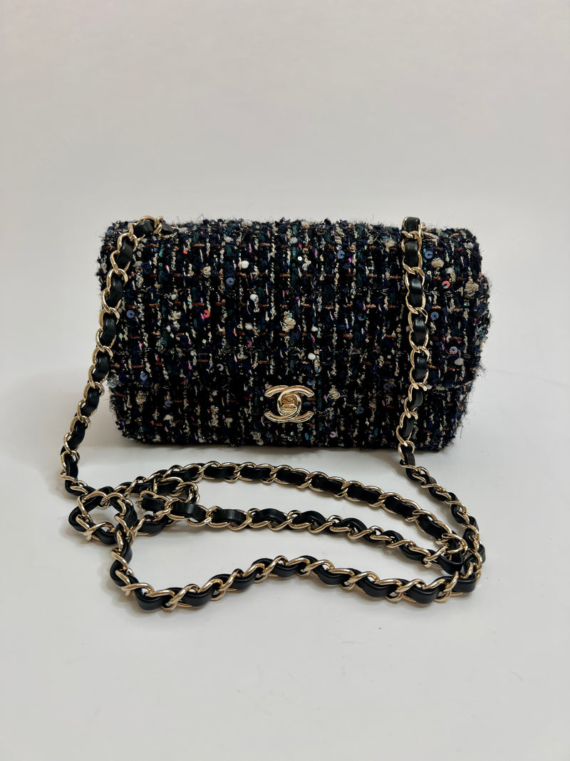 Chanel 22c Tweed Sequin Mini Rectangle Bag