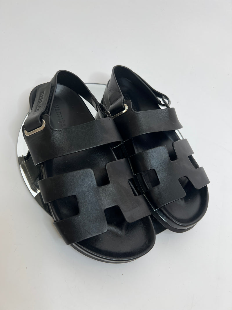 Hermes Black Leather Genius Sandals (Size 37/UK 4)