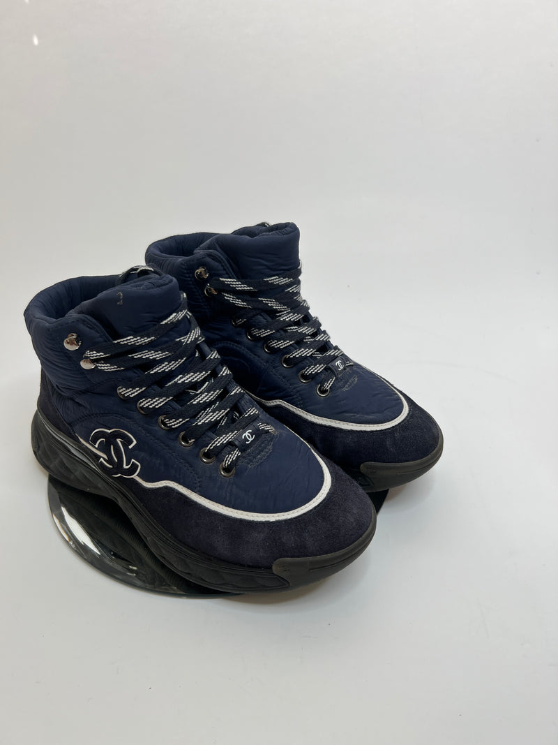 Chanel Navy Nylon And Suede High Top Lace Up Sneakers (Size 37 /UK 4)