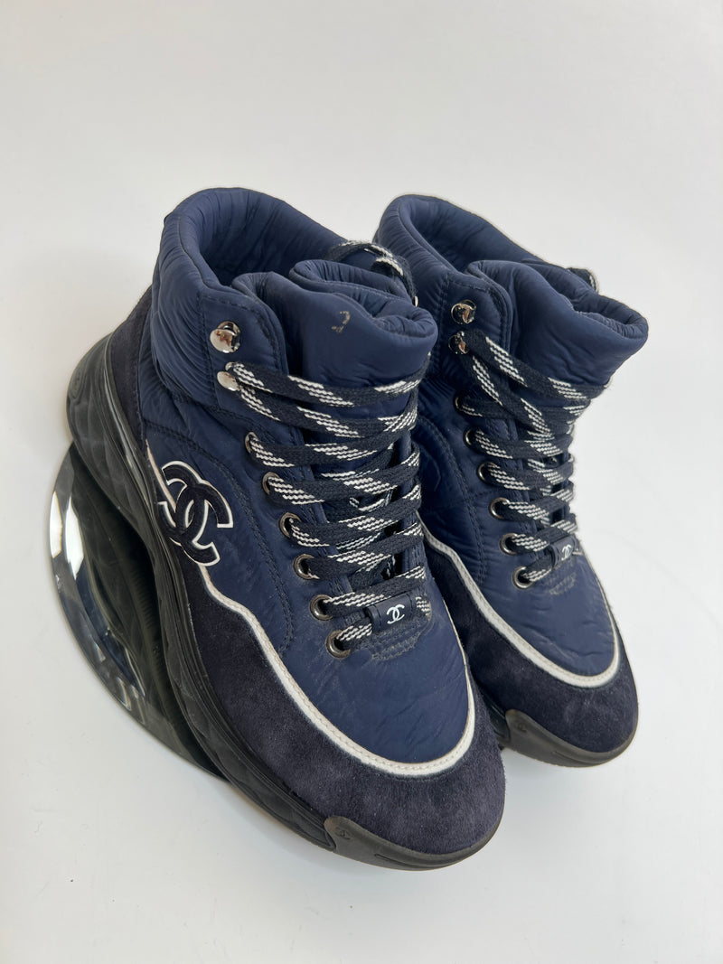 Chanel Navy Nylon And Suede High Top Lace Up Sneakers (Size 37 /UK 4)