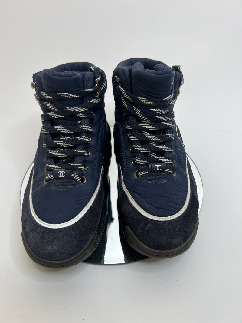 Chanel Navy Nylon And Suede High Top Lace Up Sneakers (Size 37 /UK 4)