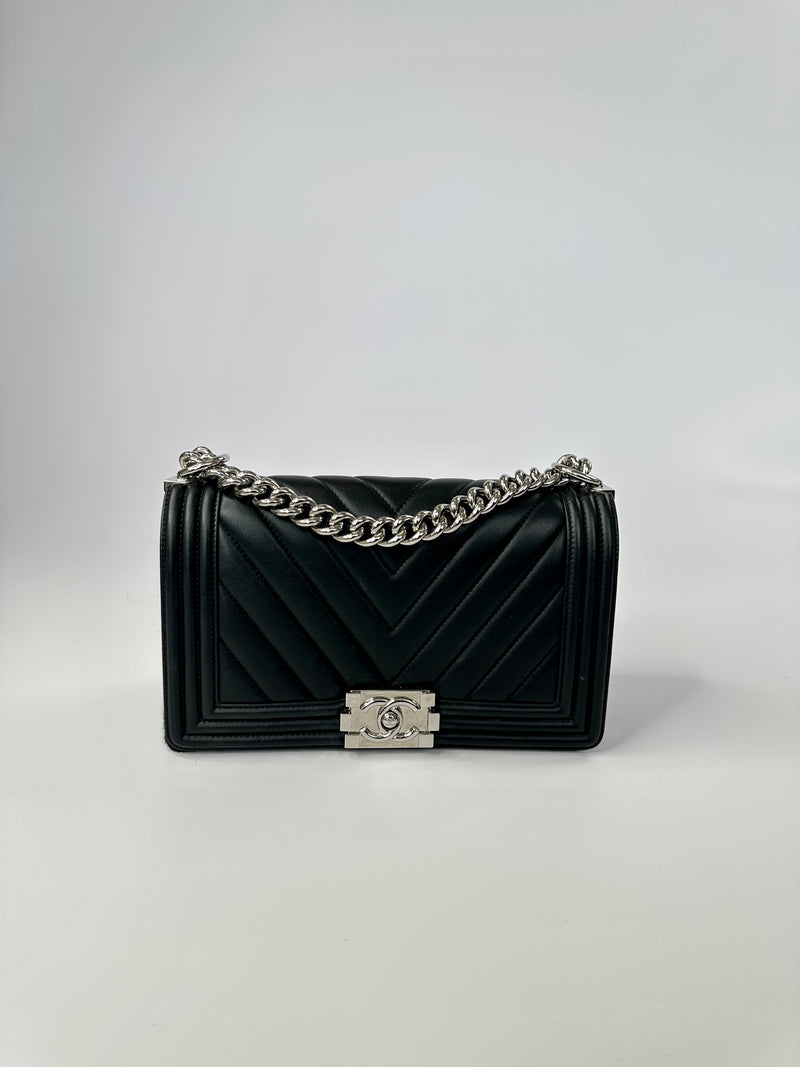 Chanel Medium Boy Bag In Black Chevron Lambskin