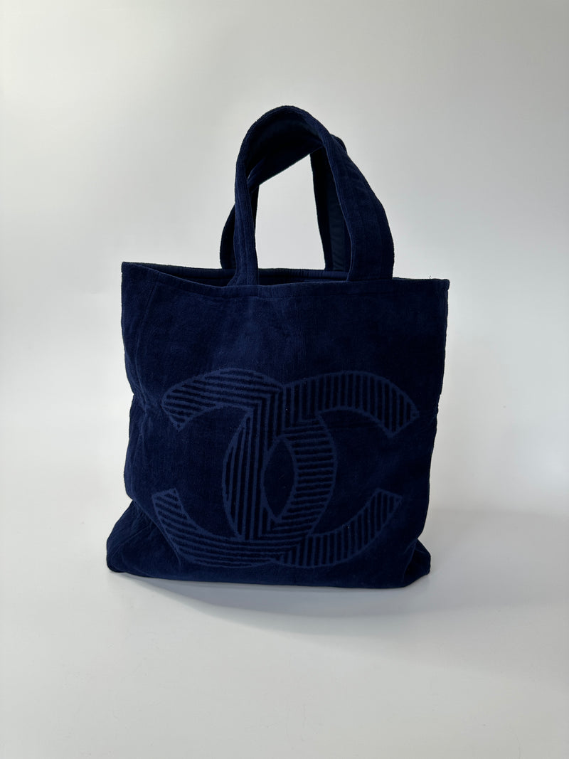 Chanel Navy Cotton Plaque Beach Bag