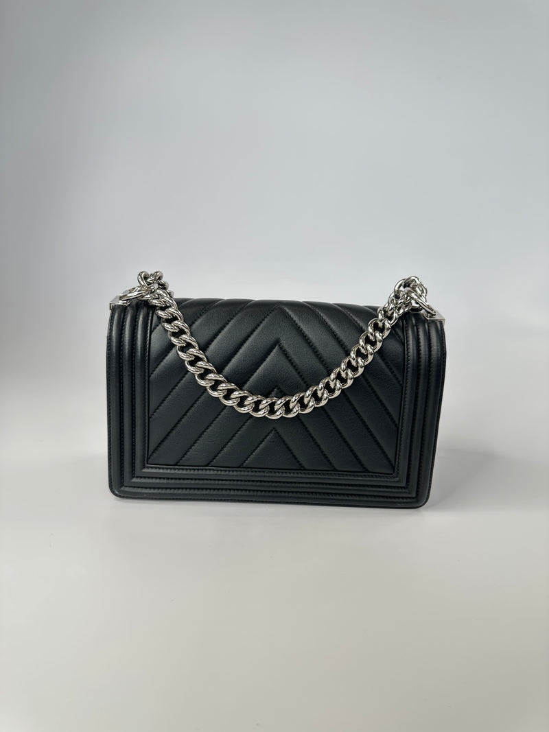 Chanel Medium Boy Bag In Black Chevron Lambskin