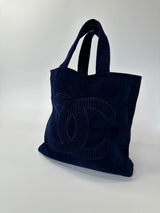 Chanel Navy Cotton Plaque  Beach Bag