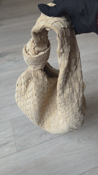 Bottega Veneta Large Knotted Jodie In Beige Intrecciato Suede. 100% authentic and preloved in excellent condition.
