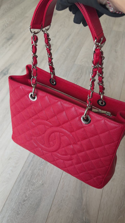 Chanel Grand Shopper Tote In Red Caviar Leather With Silver Hardware. 100% authentic and preloved in very good condition