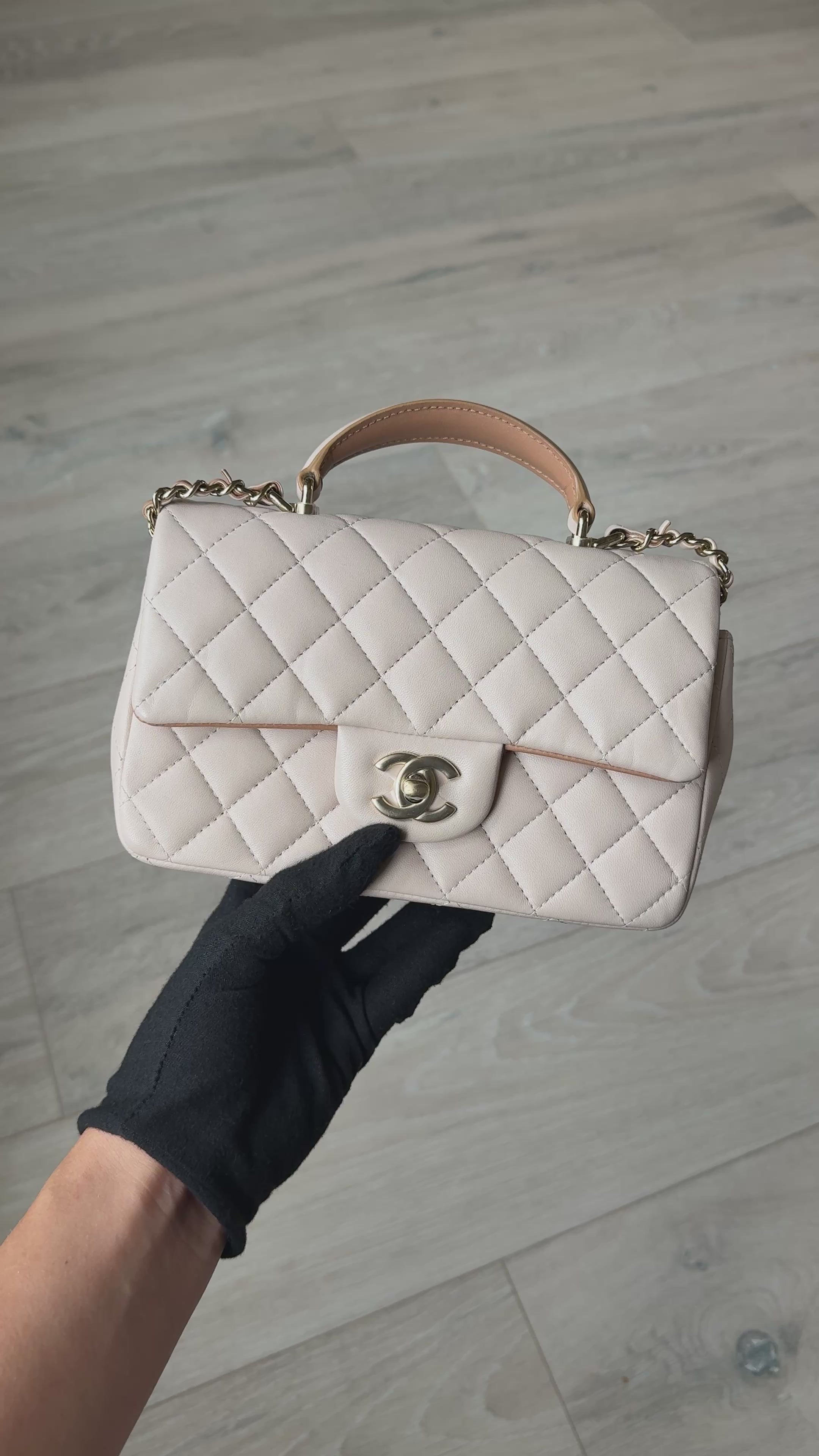 Chanel Mini Rectangle Top Handle Light Beige Lambskin Pale Gold Hardware in excellent condition 100% authentic and preloved