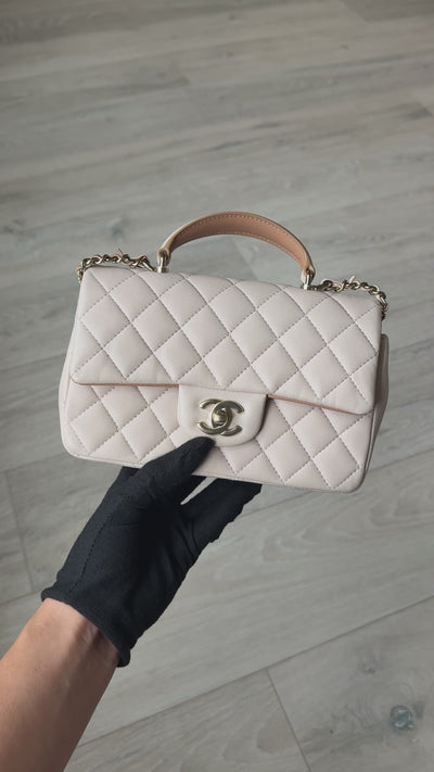 Chanel Mini Rectangle Top Handle Light Beige Lambskin Pale Gold Hardware in excellent condition 100% authentic and preloved