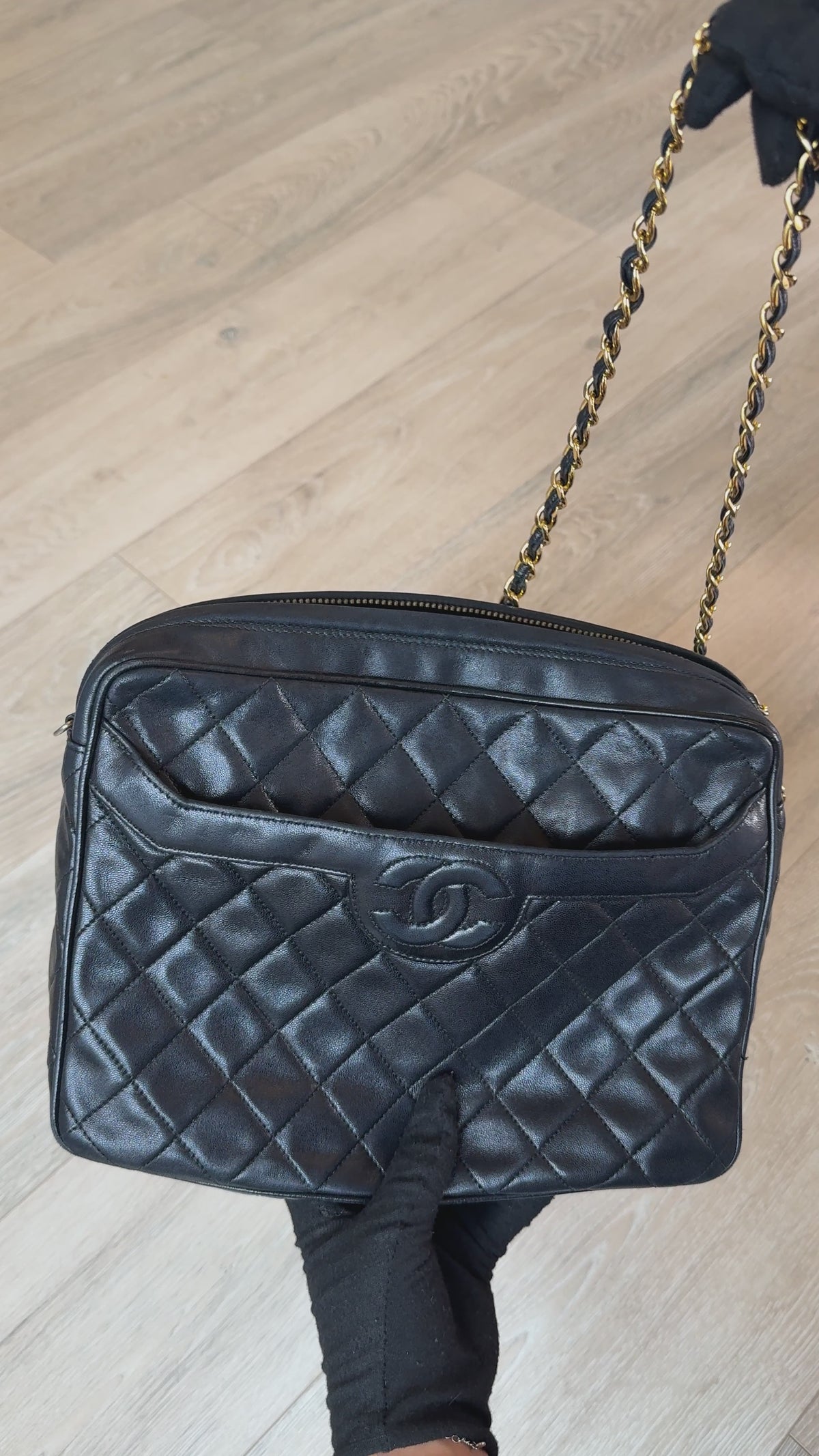 Chanel Vintage Quilted Camera Bag In Black Lambskin With 24kt Gold Hardware 100% authentic and preloved in excellent condition