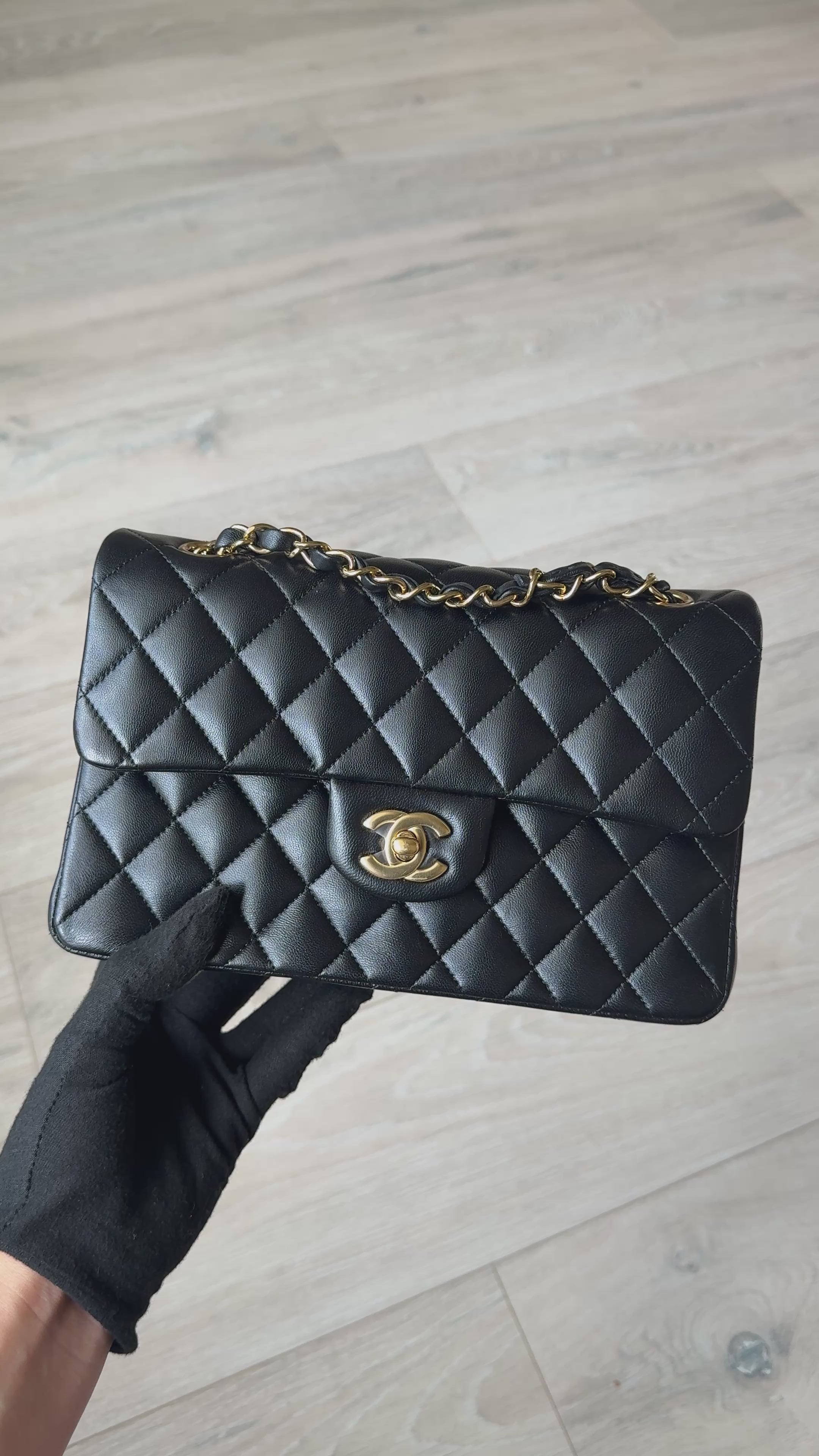 Chanel Small Classic Double Flap In Black Lambskin Leather With Gold Hardware in excellent condition 100% authentic and preloved