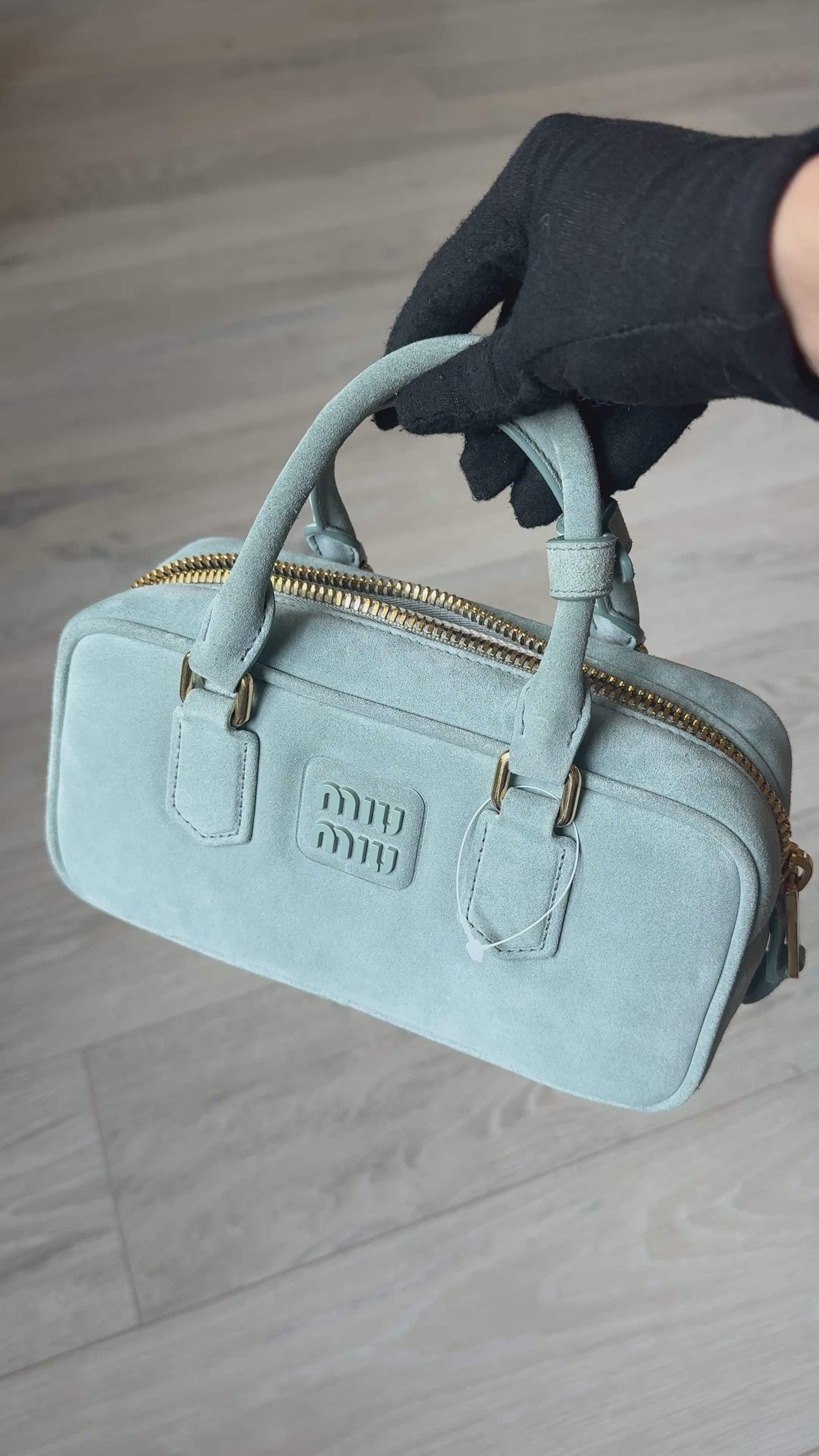 Miu Miu Arcadie Padded Top Handle In Powder Blue Suede Gold Hardware. 100% authentic and preloved in new & unused condition.