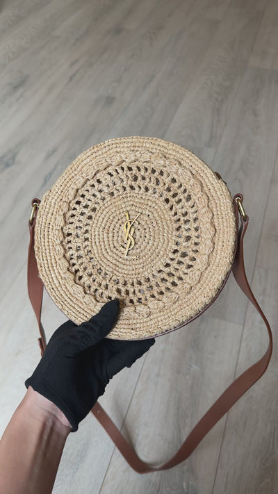 Saint Laurent Round Raffia Crossbody Bag With Gold Hardware. 100% authentic and preloved in excellent condition
