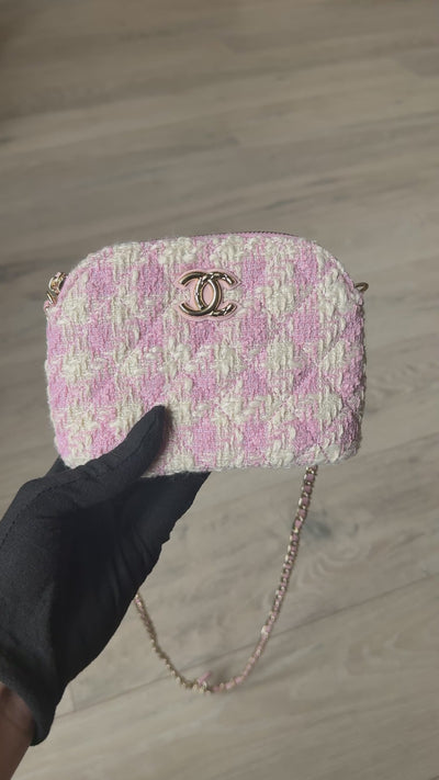 Chanel Mini Pouch On Chain Bag In Pink Tweed With Gold Hardware. 100% authentic and preloved in excellent condition.