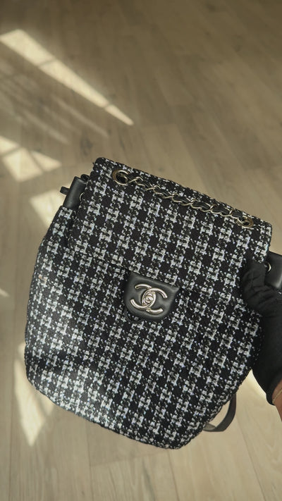 Chanel Backpack In Black & Grey Tweed With Silver Hardware. Authentic and preloved in excellent condition. 100% Guarantee