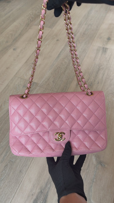 Chanel Vintage Medium Classic Double Flap In Pink Caviar Leather With 24Kt Gold Hardware 100% authentic and preloved in excellent condition