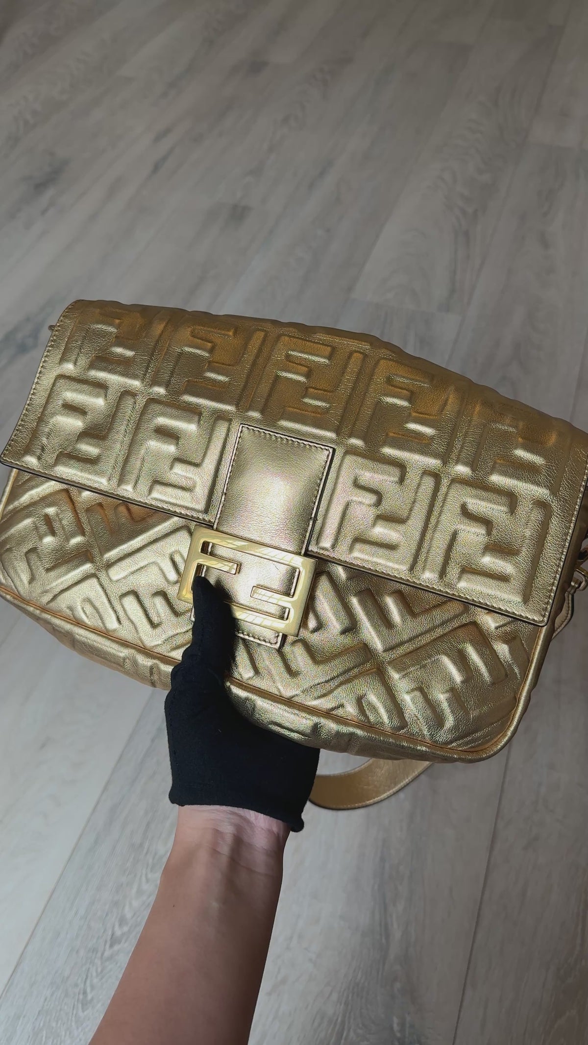 Fendi Large Baguette In Gold Leather Monogram With Gold Hardware. 100% authentic and preloved in excellent condition