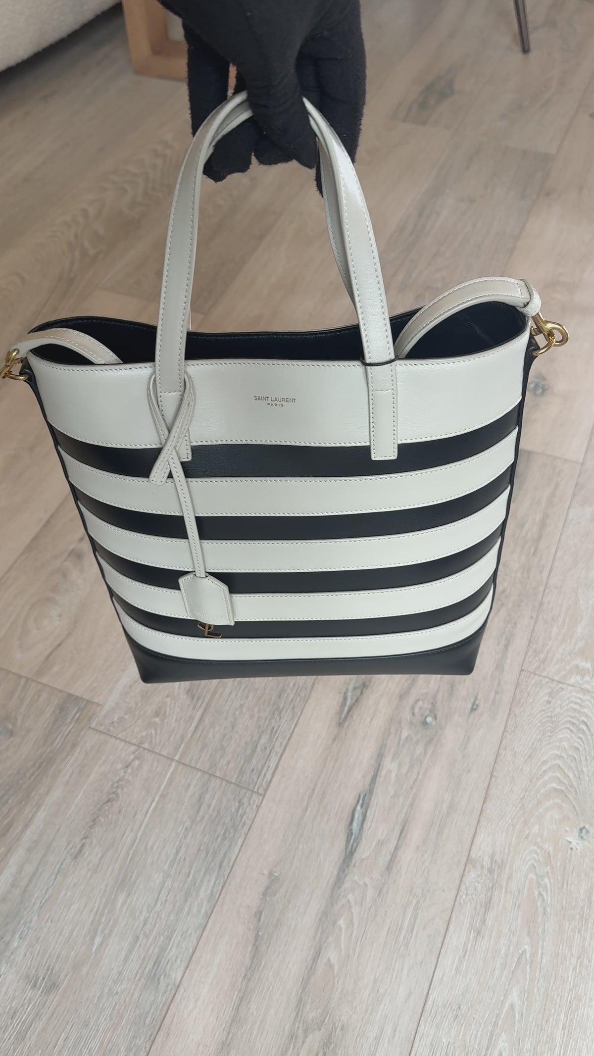 Saint Laurent Striped Tote In Black & White Leather With Gold Hardware 100% authentic and preloved in excellent condition