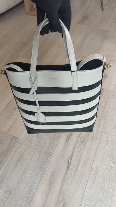 Saint Laurent Striped Tote In Black & White Leather With Gold Hardware 100% authentic and preloved in excellent condition