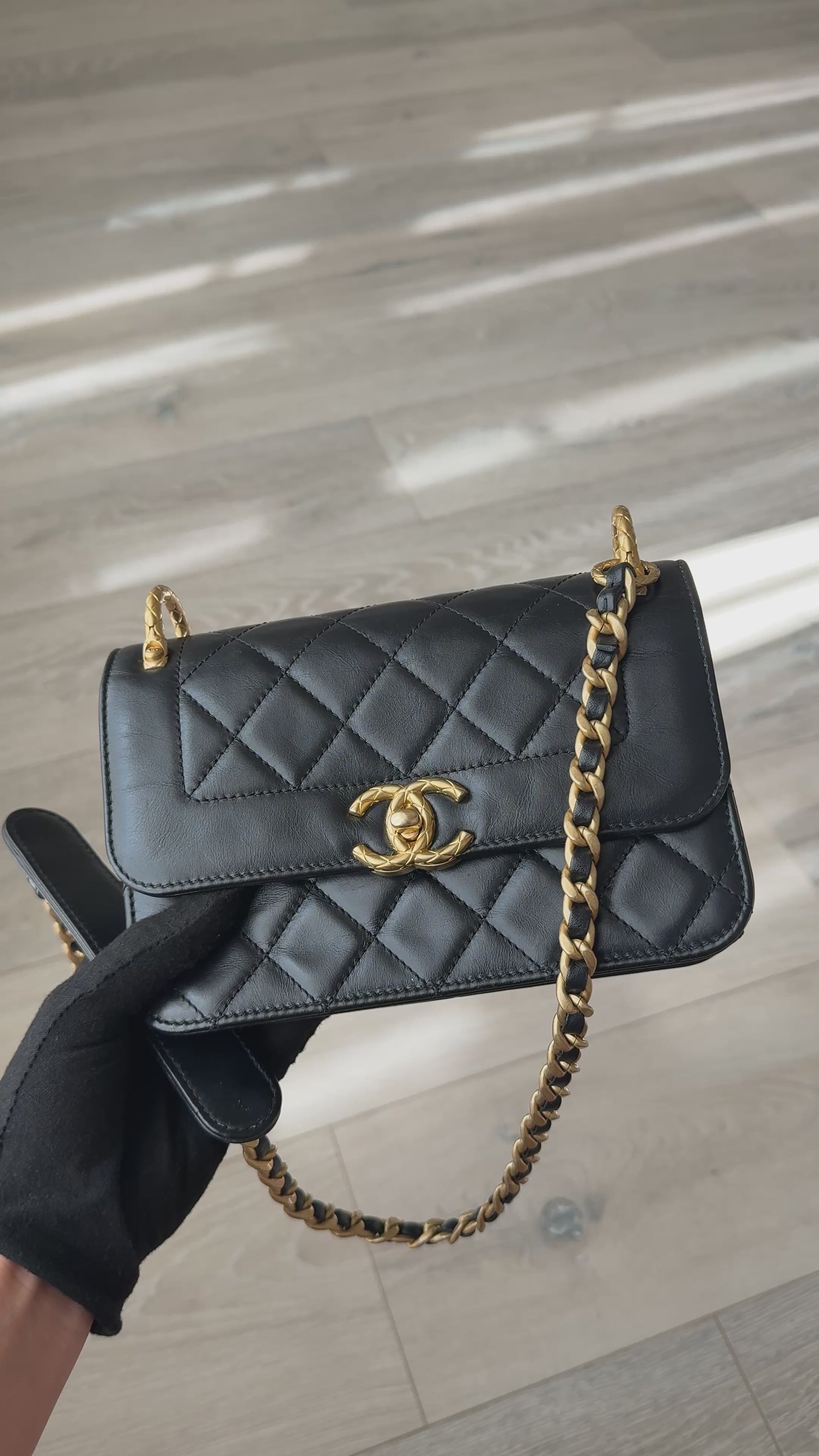 Chanel Mini Perfect Fit Flap In Black Lambskin With Antique Gold Hardware 100% authentic and preloved in excellent condition