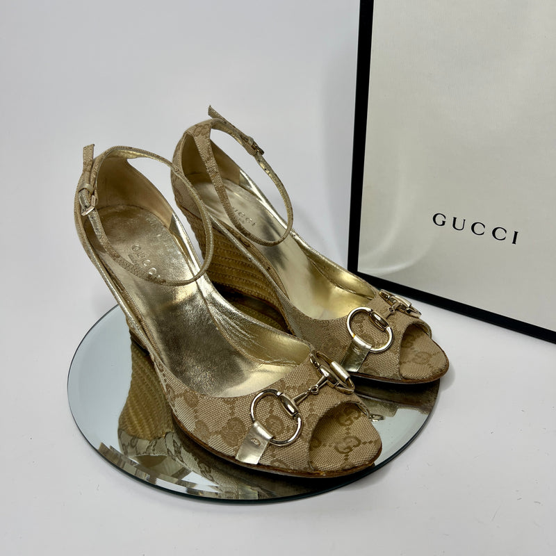 Gucci Beige Monogram Horsebit Wedges (Size 37.5/ UK 4.5)