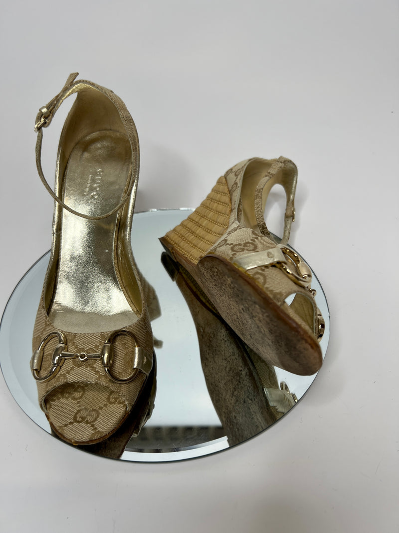 Gucci Beige Monogram Horsebit Wedges (Size 37.5/ UK 4.5)