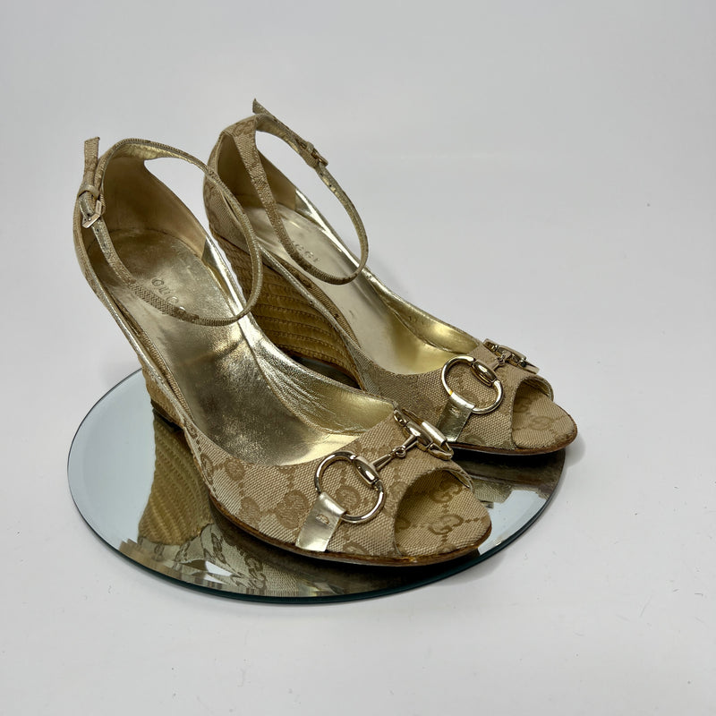Gucci Beige Monogram Horsebit Wedges (Size 37.5/ UK 4.5)