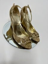 Gucci Beige Monogram Horsebit Wedges (Size 37.5/ UK 4.5)