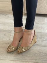 Gucci Beige Monogram Horsebit Wedges (Size 37.5/ UK 4.5)