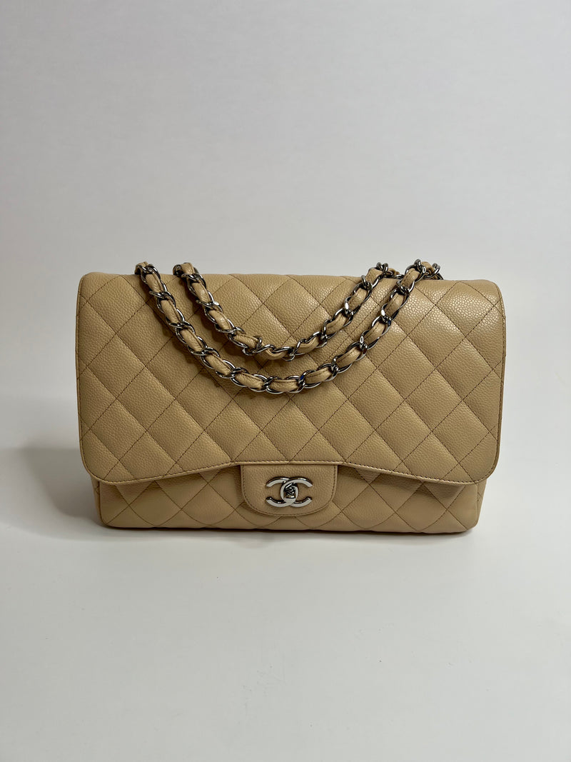 Chanel Jumbo Single Flap In Beige Caviar Leather