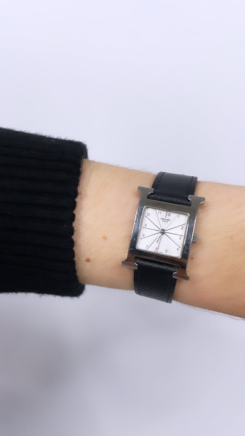 Hermes H Heure Watch in Black Leather with Silver and White Face