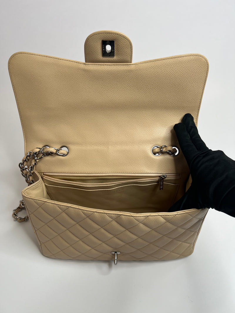 Chanel Jumbo Single Flap In Beige Caviar Leather