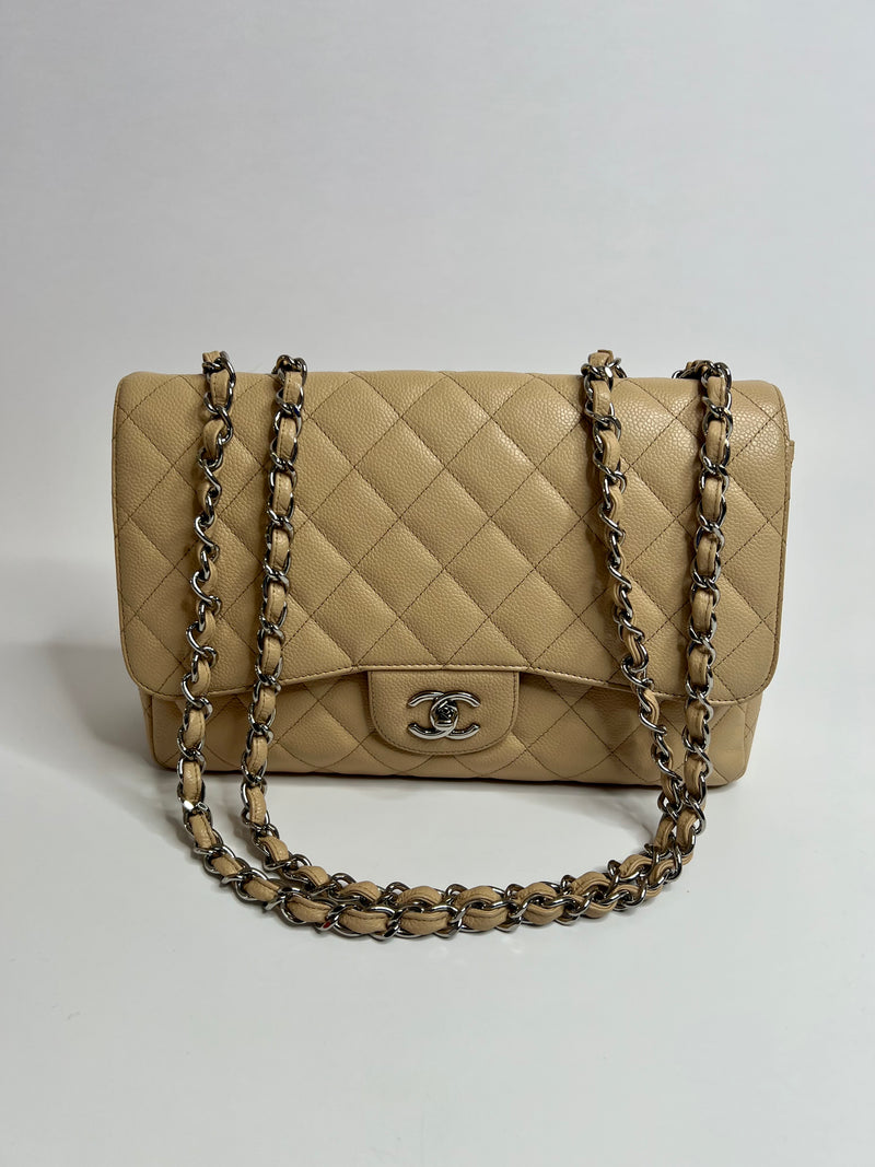 Chanel Jumbo Single Flap In Beige Caviar Leather