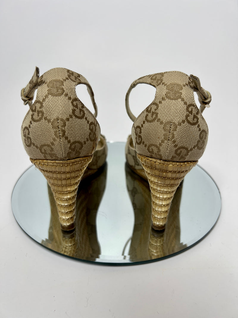 Gucci Beige Monogram Horsebit Wedges (Size 37.5/ UK 4.5)