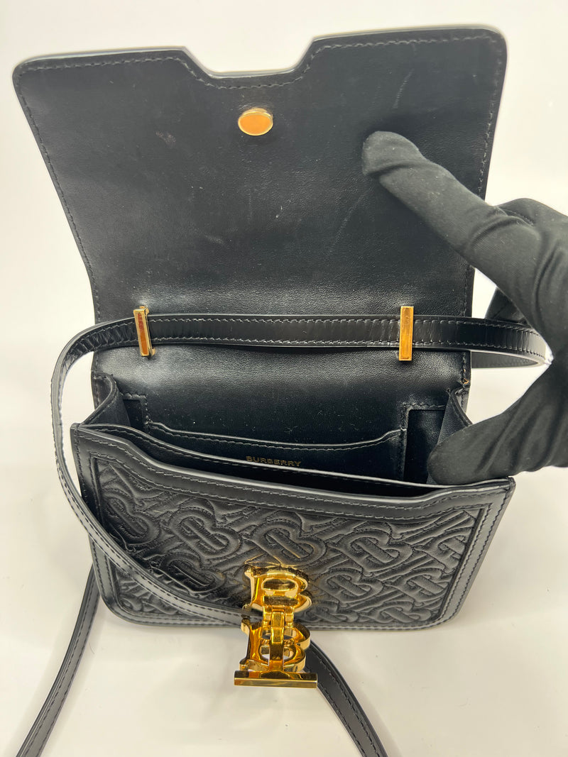 Burberry Cross Body Bag In Black Leather With Gold Hardware