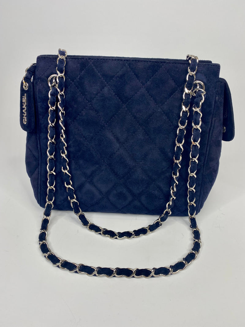 Chanel Navy Suede Bag With Silver Hardware