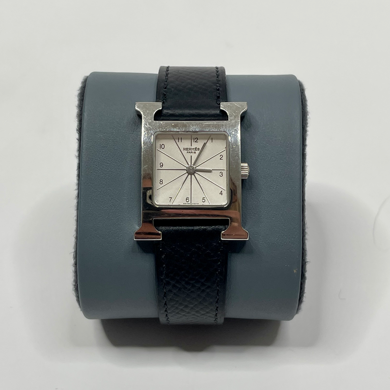 Hermes H Heure Watch in Black Leather with Silver and White Face