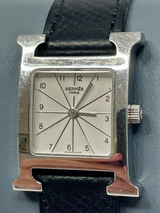 Hermes H Heure Watch in Black Leather with Silver and White Face