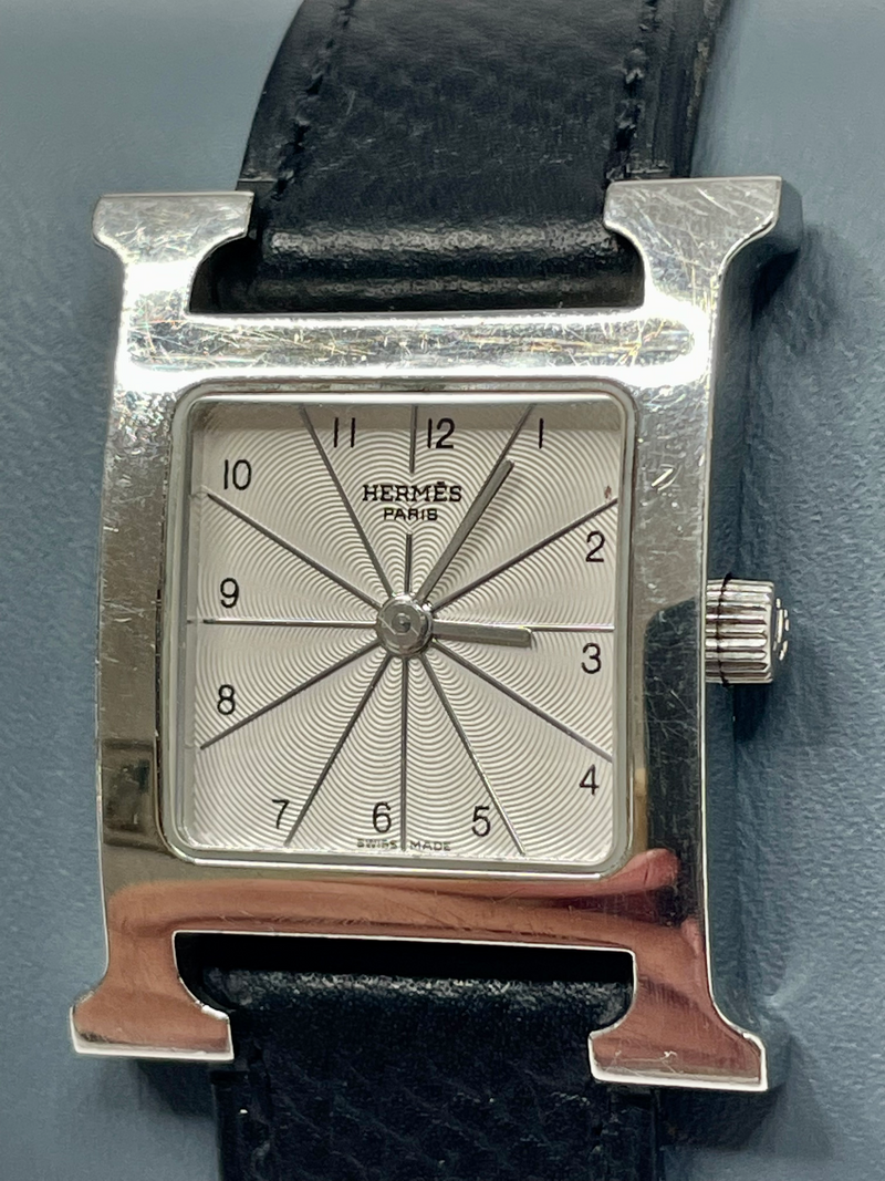 Hermes H Heure Watch in Black Leather with Silver and White Face