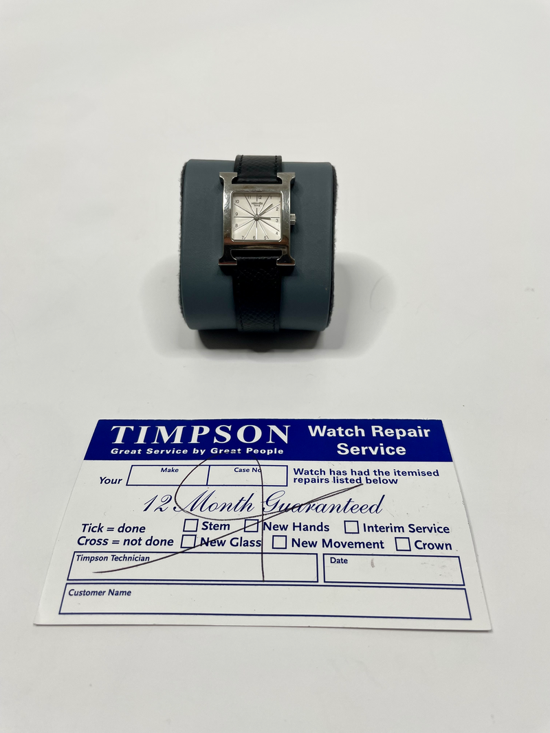 Hermes H Heure Watch in Black Leather with Silver and White Face